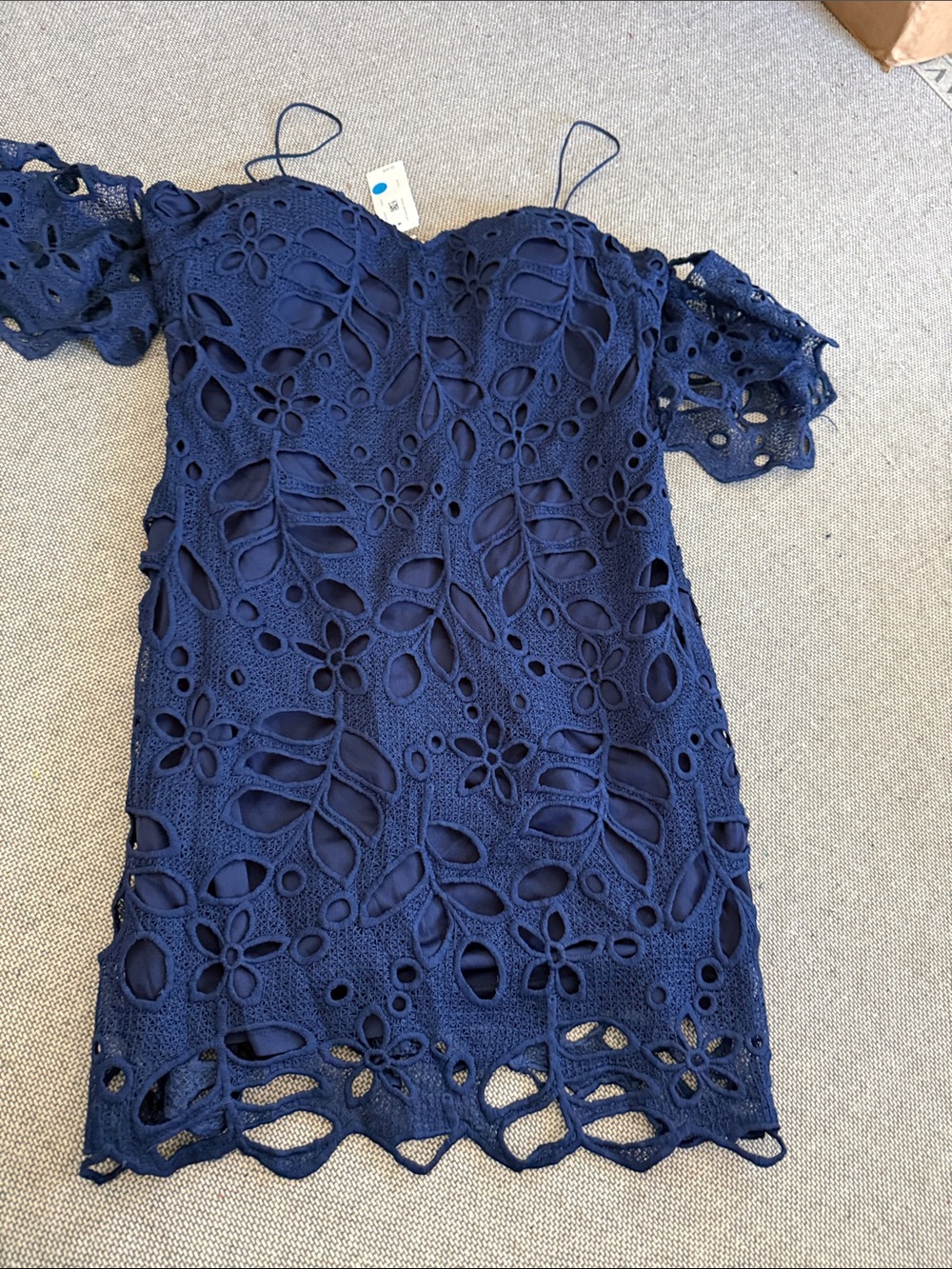 Entry Navy Floral Crochet Off-Shoulder Mini Dress